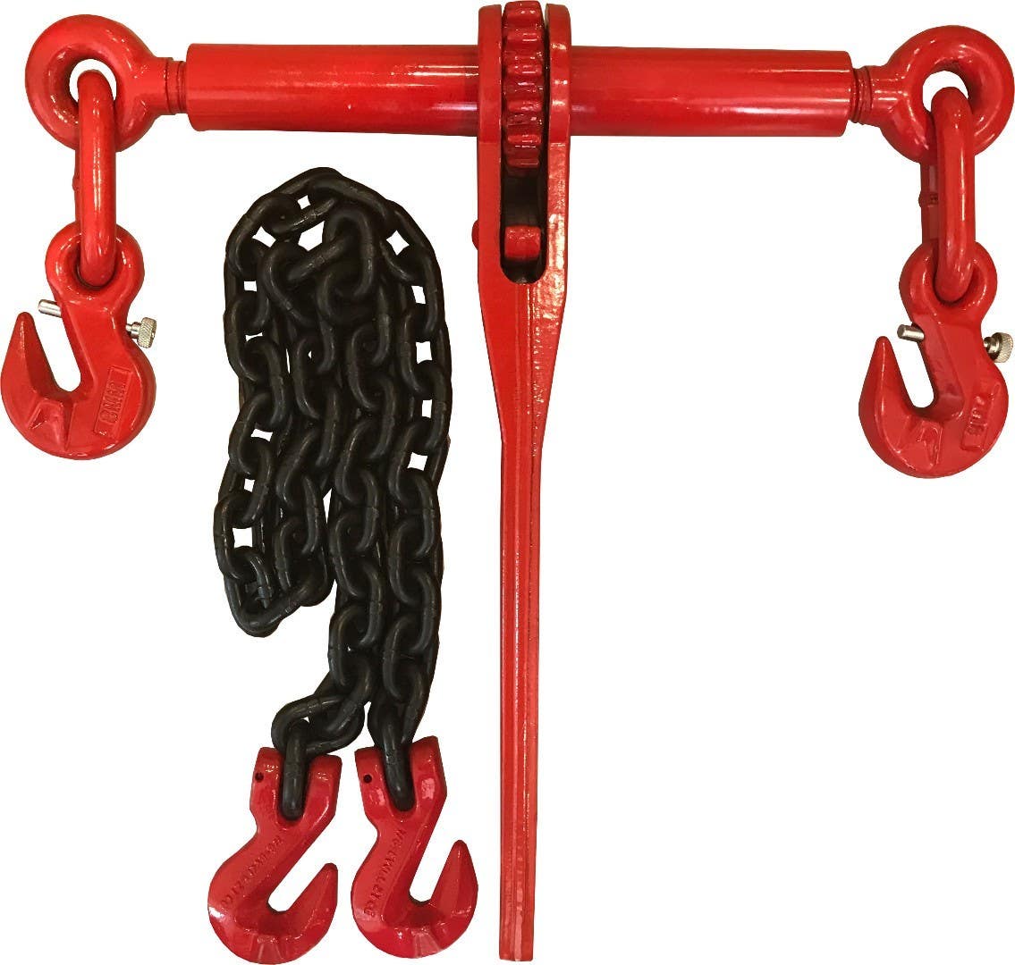 5 metres of 8mm chain, 8 tonne break strength c/w Hi-Grade Grab Hooks both ends & Safety Ratchet Tensioner