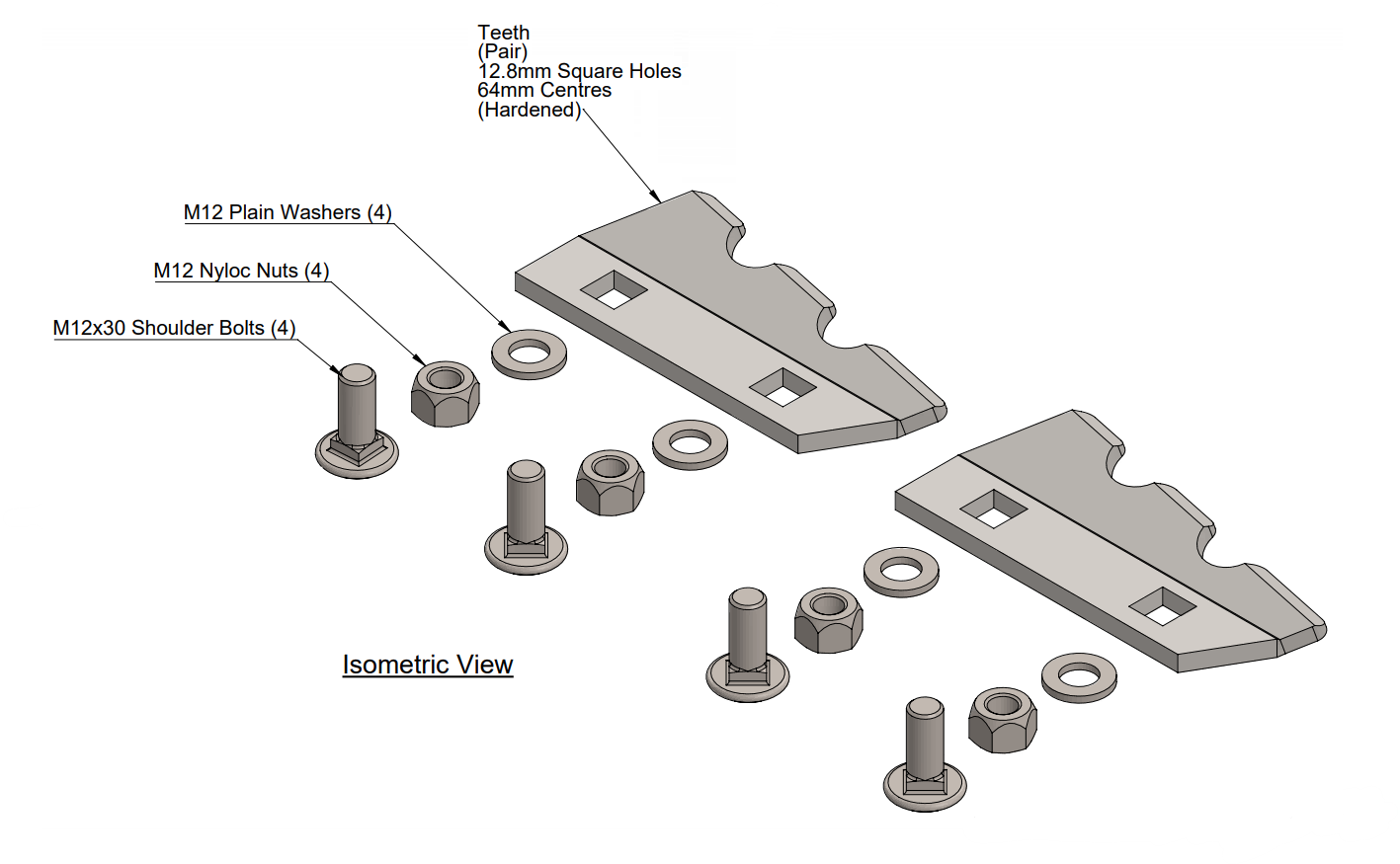 Bolt-On Cutting Teeth set for 12" Auger c/w fixings (pair) 65mm hole spacing