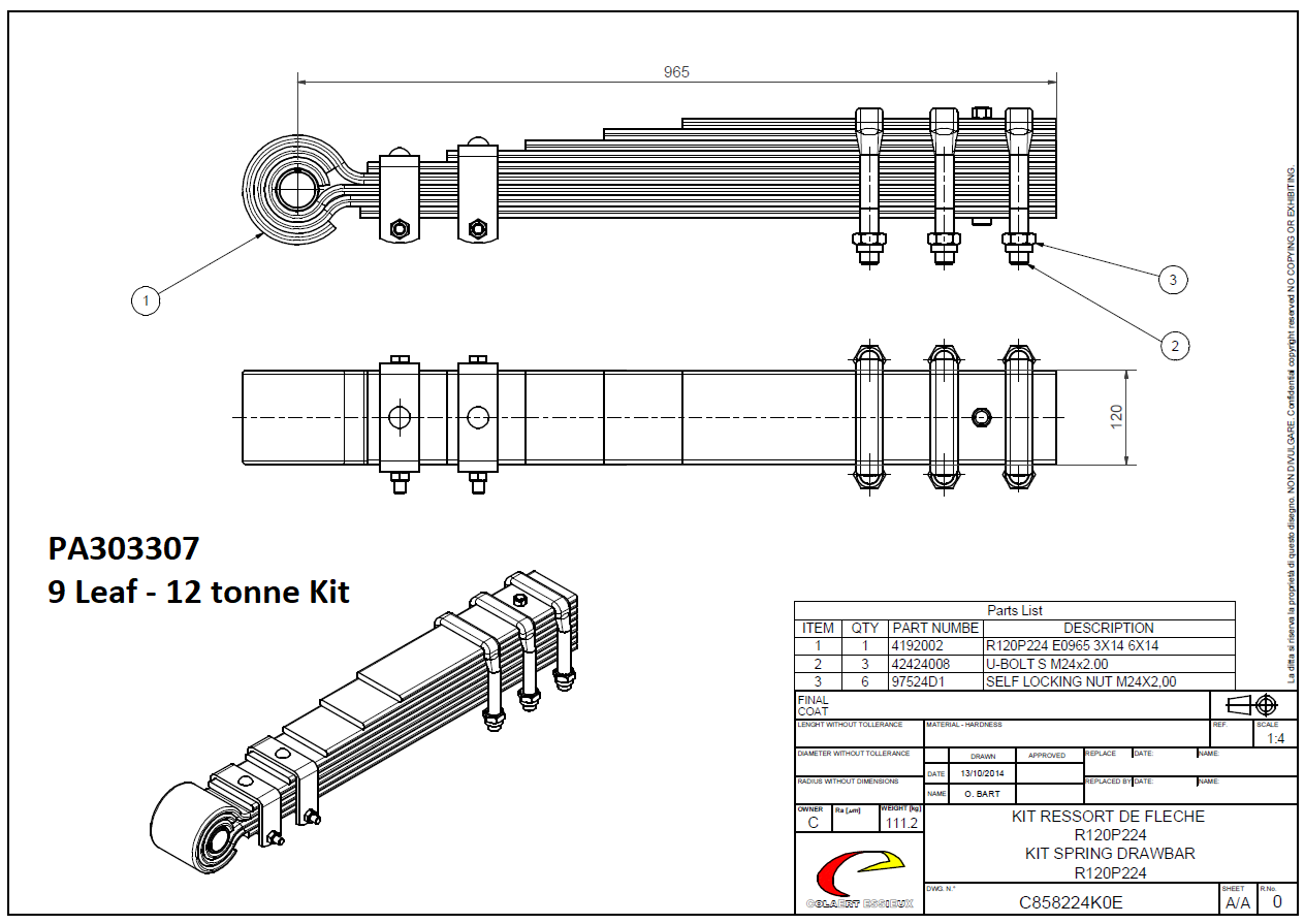 9 Leaf 12 Tonne Sprung Drawbar Kit inc. Leaf Spring, 45mm Gudgeon Pin, 3 x U-bolts and 6 x Nuts