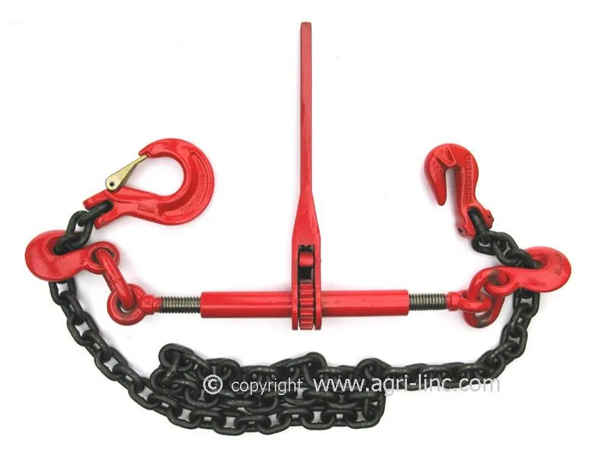5 metres of 8mm chain, 8 tonne break strength c/w 1 x Hi-Grade Sling Hook & 1 x Hi-Grade Grab Hook & Safety Ratchet Tensioner